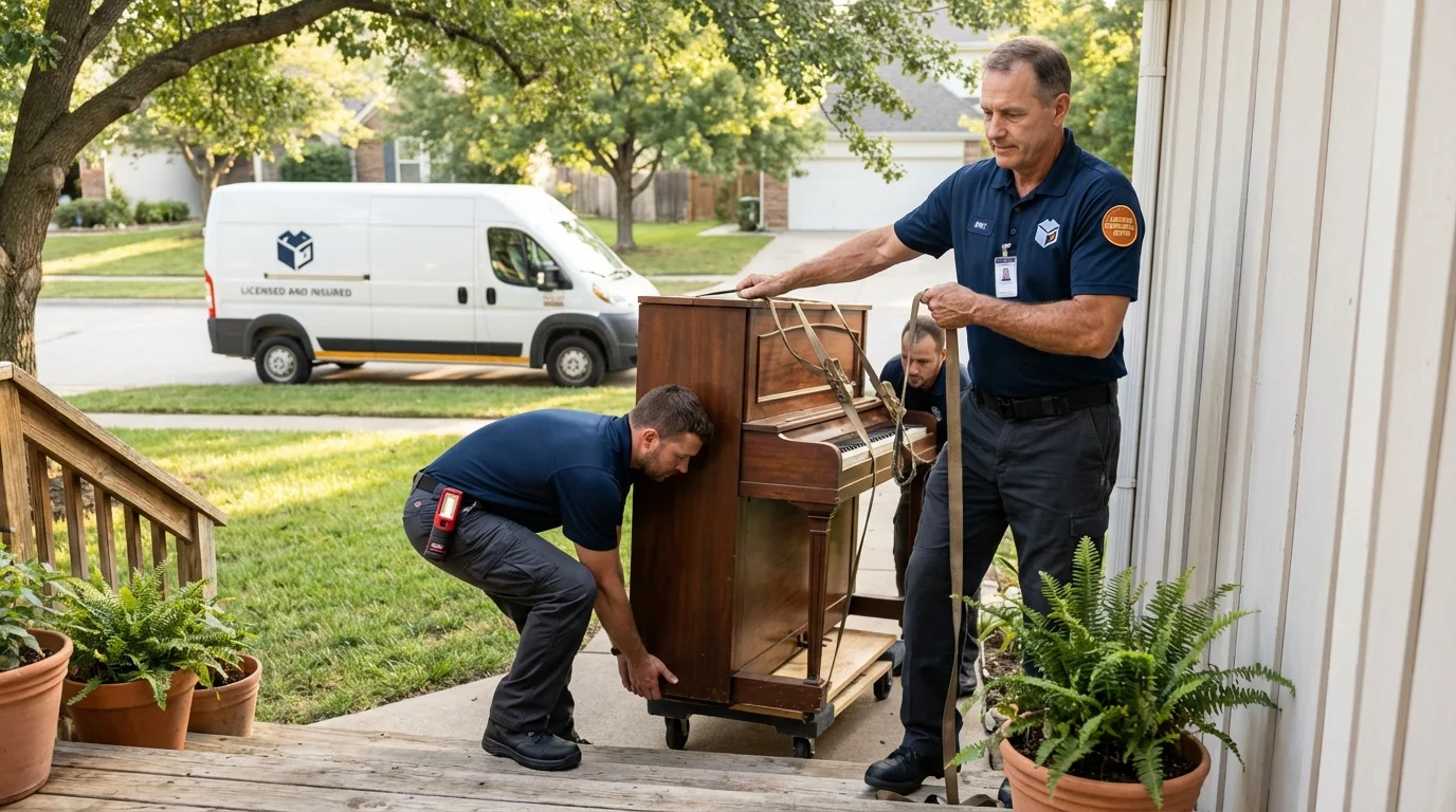 Licensed piano movers securing grand piano in Sardis, GA